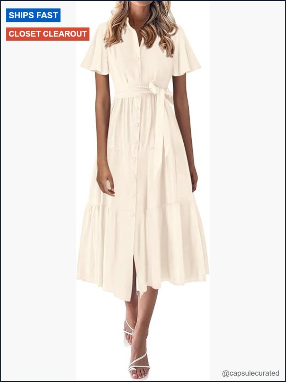 Summer Button Down Maxi Shirt Dress Flutter Sleeve Flowy Tiered Beach Dress